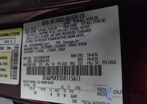 2013 Ford Fusion Titanium z USA, uszkodzony, nr VIN 3FA6P0K93DR115611